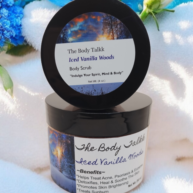 Iced Vanilla Woods Body Scrub jar with exfoliating formula